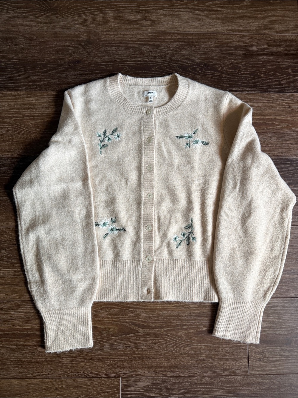 American Eagle Outfitters Cream Cardigan with Green Floral Embroidery